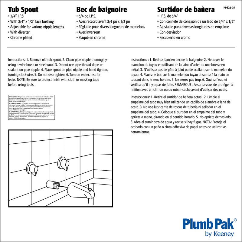 Plumb Pak PP825-37 Bathtub Spout with Diverter Adjustable for 3/4in IPS Pipe, Polished Chrome - Image 2